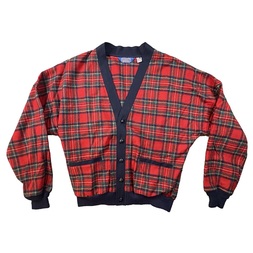 VTG Pendleton Men's M (L) Red Tartan Plaid Virgin Wool Cardigan USA SEE DESCRIPT